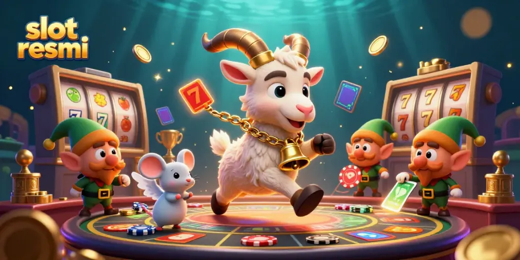 Slot resmi dengan Krampus, bel dan chip poker di latar kasino