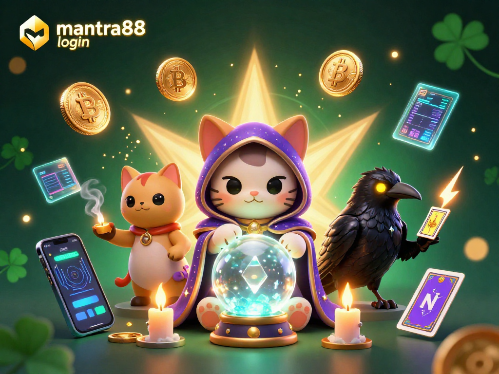 Experience thrilling gameplay with mantra88 login, featuring a mystical cat and a raven amidst vibrant casino elements.