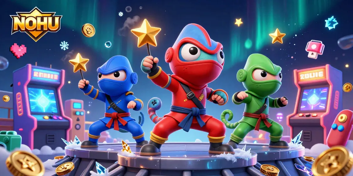 Experience thrilling gaming action with NOHU as colorful chameleon ninjas master martial arts amidst vibrant casino elements.