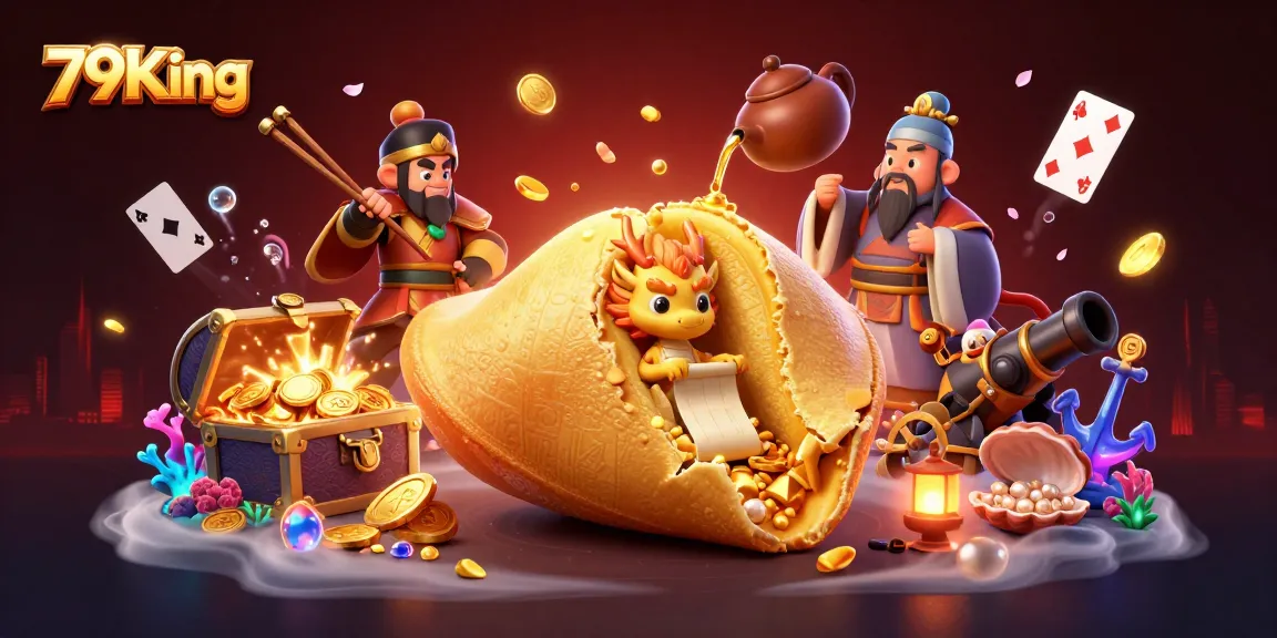 Experience the excitement of 79King with a dynamic illustration of a golden fortune cookie and engaging casino elements.