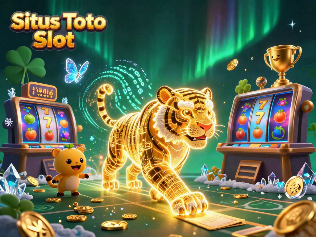 Persembahan Situs Toto Slot dengan harimau emas serta elemen slot dan jackpot yang bersinar.