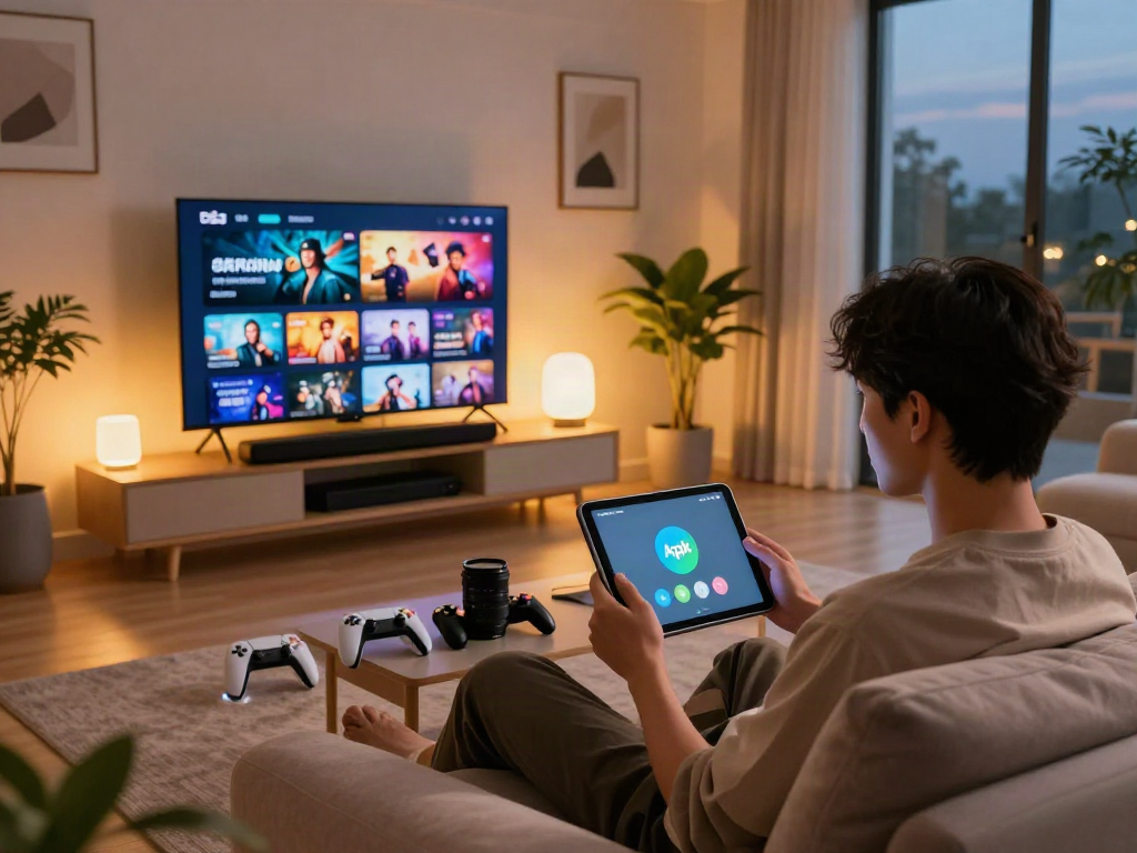 Download Pikashow Apk on a tablet in a cozy tech haven with ambient lighting, showcasing a modern entertainment setup.