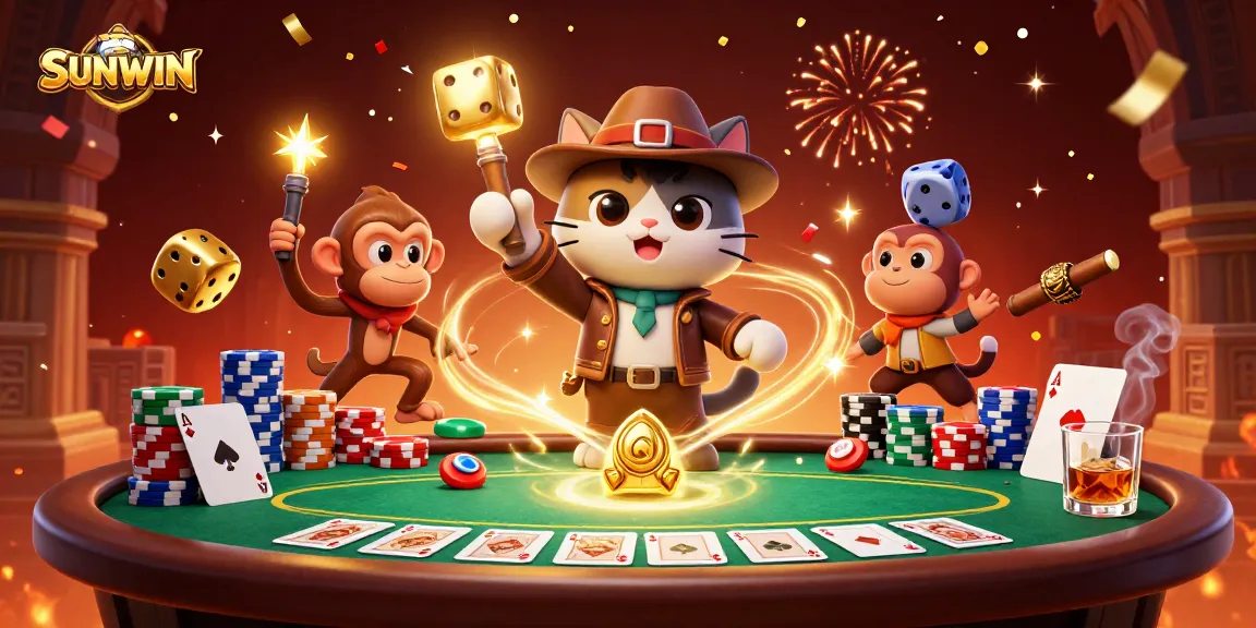 SUNWIN players strategizing at an exciting casino adventure with a themed 3D illustration of a cat and monkey.