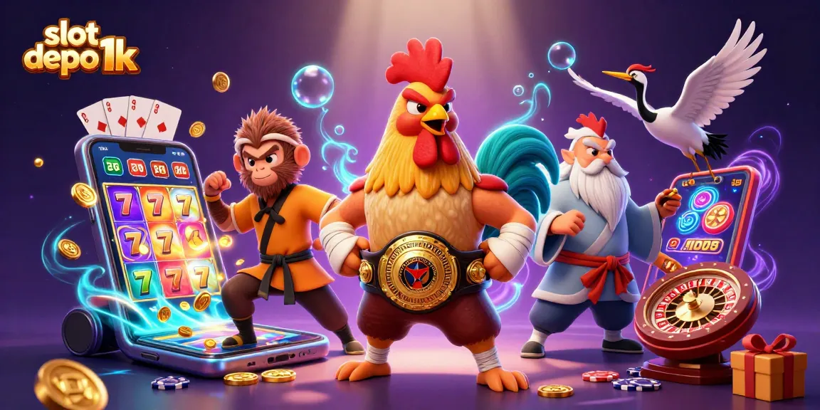 Permainan slot depo 1k dengan karakter kartun unik memperlihatkan kegembiraan bermain mesin slot di kasino.