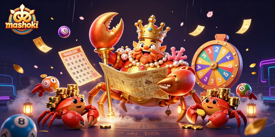 Engage with mashoki in a vibrant casino scene featuring a golden crab emperor and dynamic lottery elements.