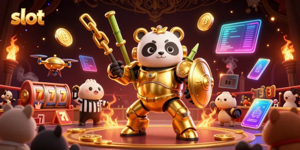 Spin the slot reels with a golden panda in a mech-suit surrounded by crypto coins and cheering spectators.