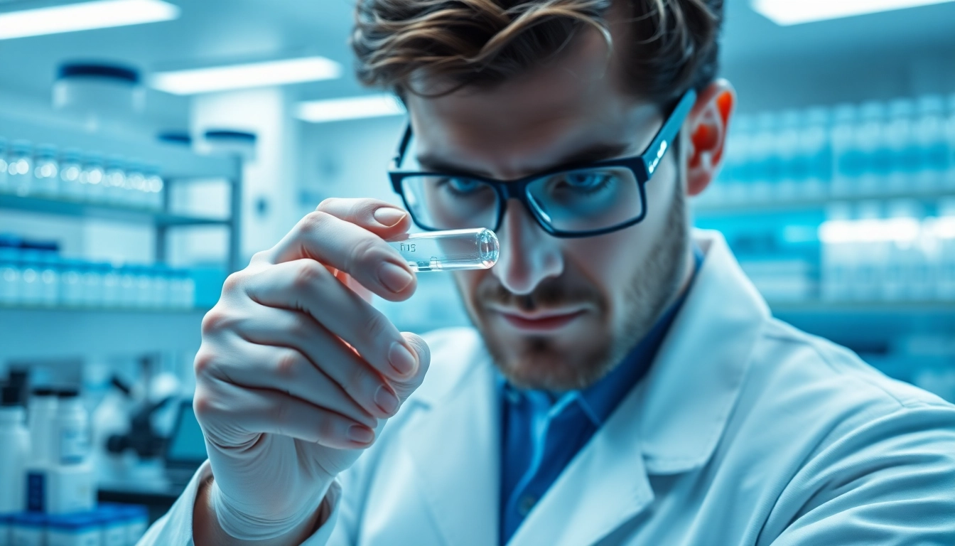 Scientists analyzing peptides for sale in a modern laboratory setting.
