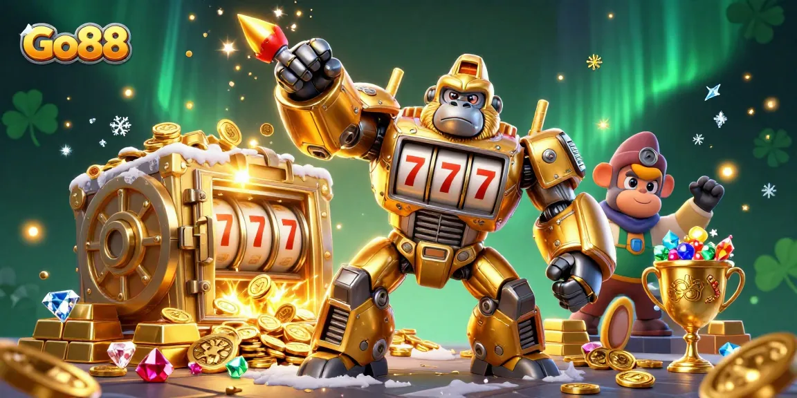 Engage in thrilling gaming adventures with Go88's golden gorilla mech and treasure-filled scene.