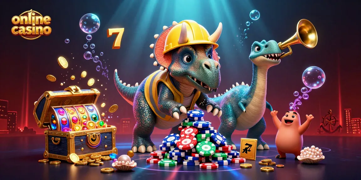 Online casino illustration with cartoon dinosaurs building poker chip pyramid and colorful slot reels.