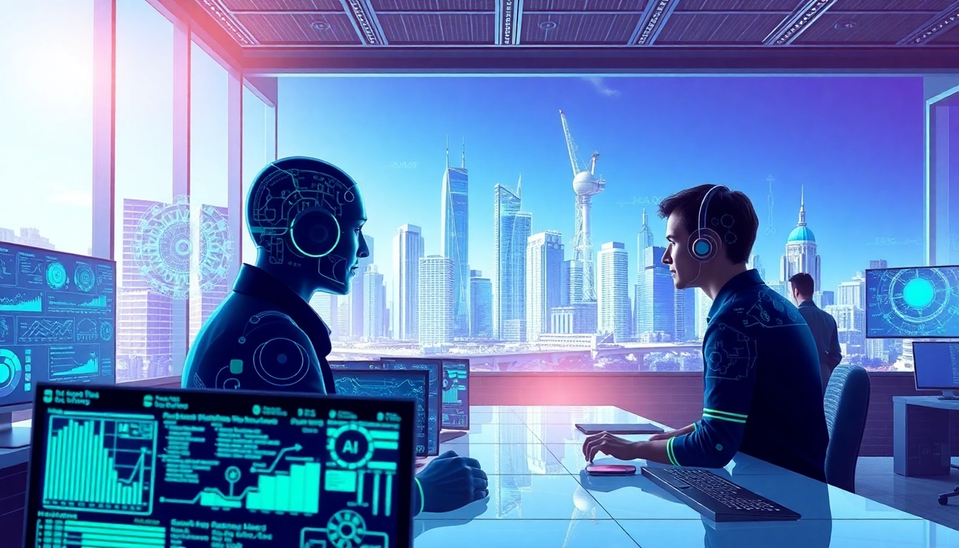 Ai agents interacting with users in a futuristic workspace showcasing advanced technology.