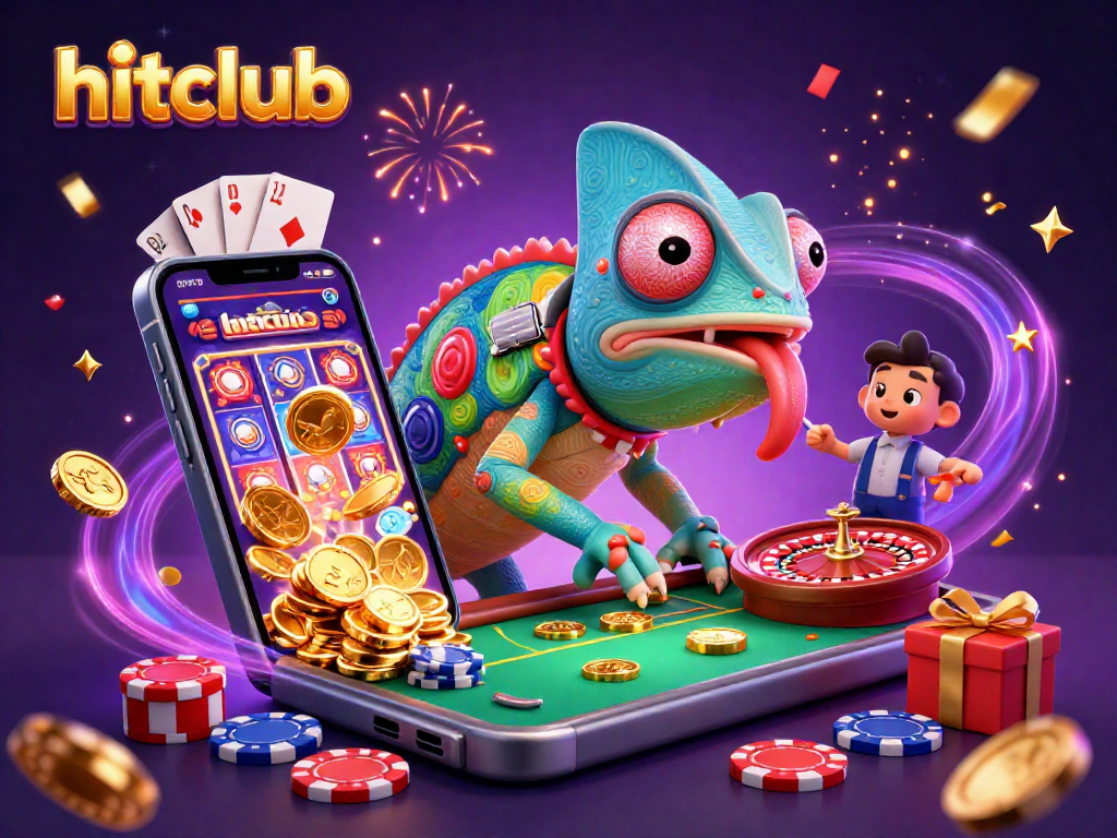 Engage with hitclub's vibrant casino experience featuring chameleon character, dynamic slot games, and festive atmosphere.