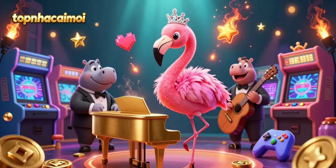 Engage with the lively atmosphere at topnhacaimoi featuring a flamingo singer and hippo bassist amidst rich casino elements.