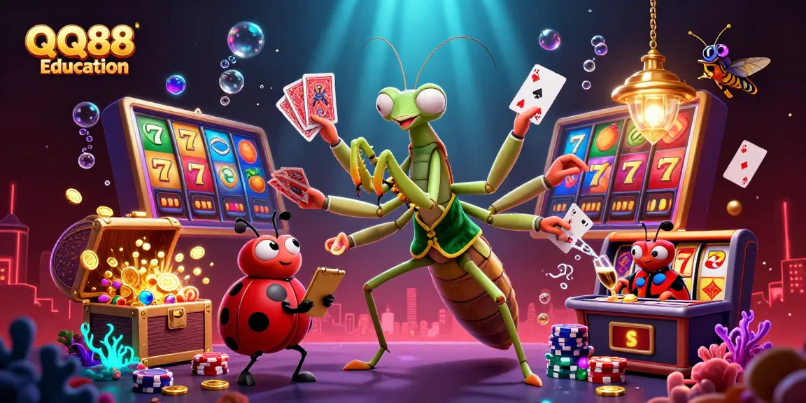 Engage with QQ88 Education's vibrant casino art featuring a giant mantis dealer, lively slot elements, and whimsical characters.