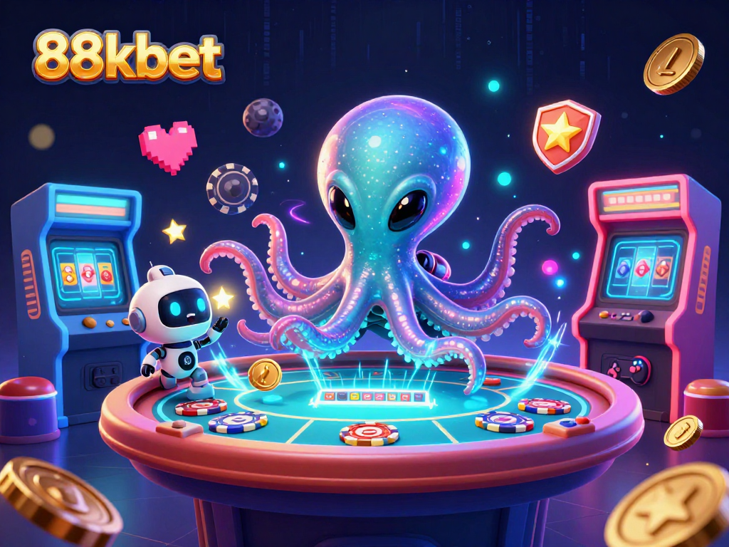 Engage in thrilling gameplay with 88kbet, where a whimsical octopus operates a holographic poker table amidst vibrant arcade elements.