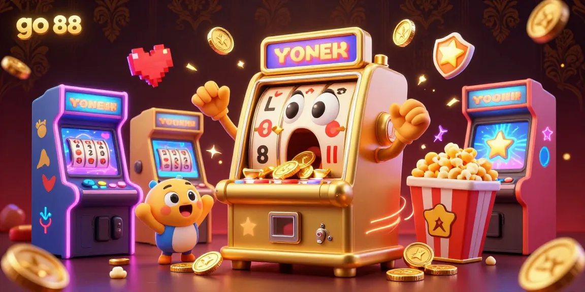 Engage with go 88’s thrilling casino experience as a golden slot machine hits its jackpot amid cheering machines.