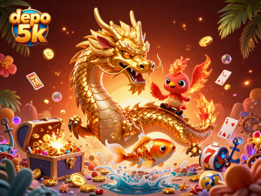 Experience the thrill of depo 5k slots with a majestic dragon and phoenix surrounded by golden coins.