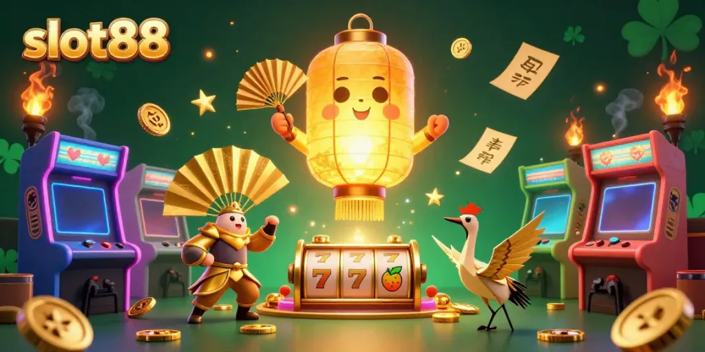Experience thrilling slot88 action with a glowing lantern spirit and golden warrior companions in a vibrant casino setting.