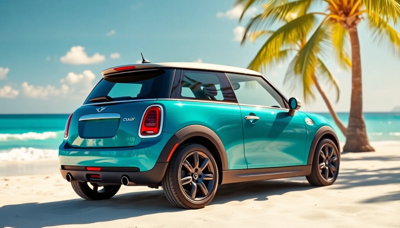 A vibrant Mini Cooper st barts rental parked on a sunny beach, surrounded by serene ocean views.