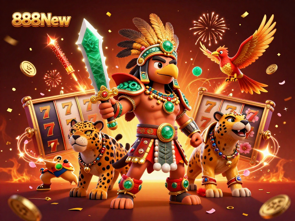 Experience the thrill of 888New with vibrant slot reels and dynamic casino characters.