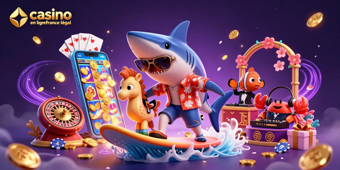 Visualisez un casino en ligne légal en France avec un requin marteau sur une vague de pièces d'or.