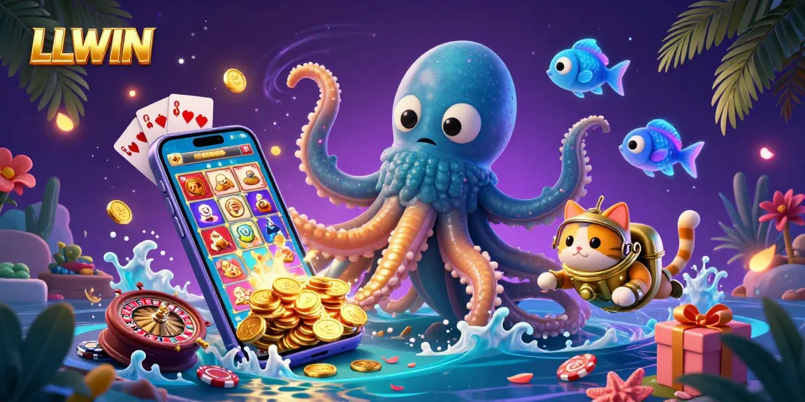 Engage with LLWIN's thrilling treasure hunt in this vibrant 3D scene featuring a kraken and cat diving adventure.