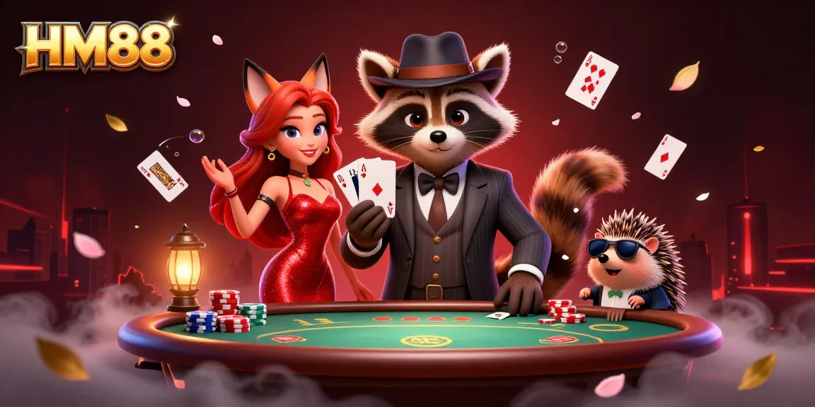 Join the excitement at HM88 with a slick raccoon holding a royal flush and stunning allies in action.