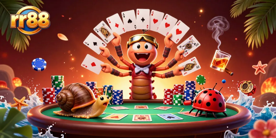 Witness the excitement at rr88 with a unique poker scene, featuring vibrant characters and dynamic casino elements.