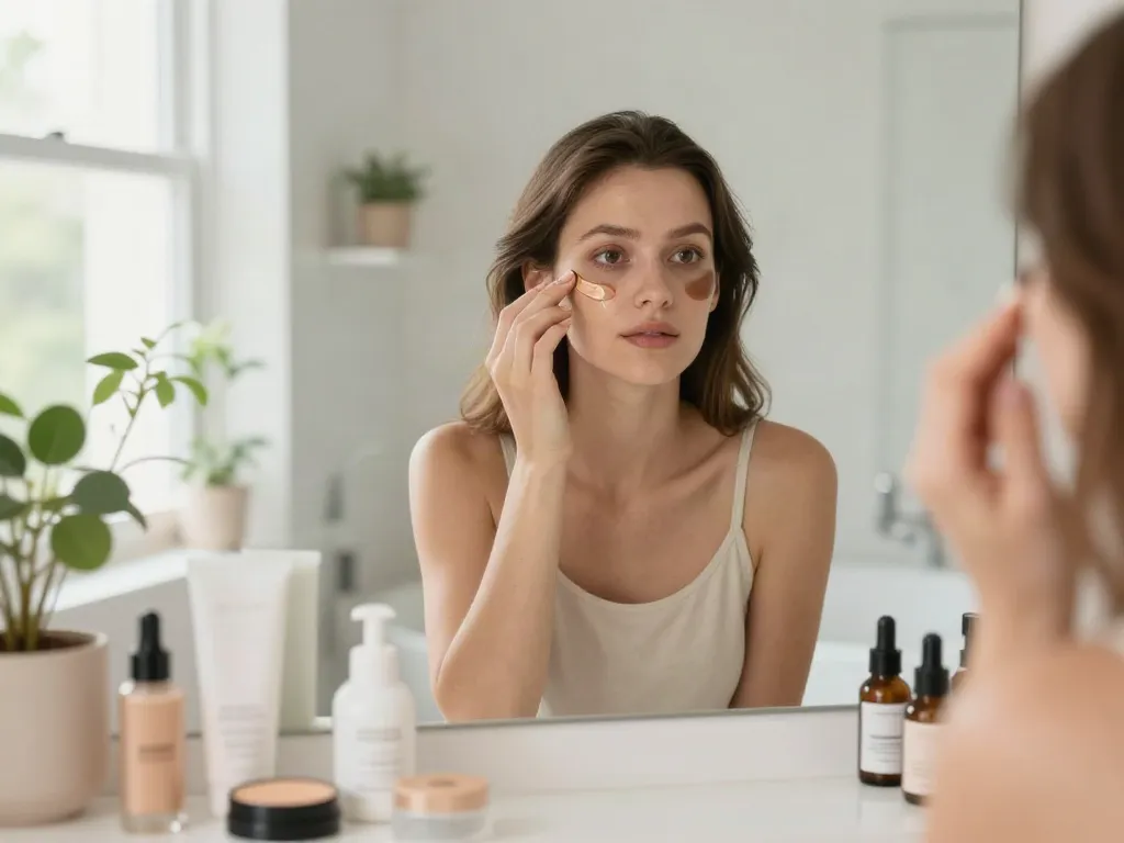 Eine Frau, die Augenringe abdecken mit Concealer in einem hellen Badezimmer.