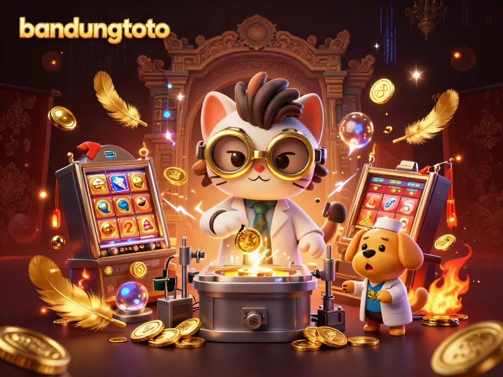 Experience the excitement of bandungtoto, where a mad scientist cat creates a gold-coin machine amidst slot symbols.