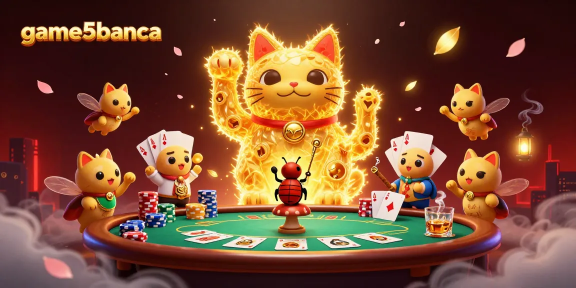 Engage with game5banca's vibrant casino world featuring a lucky cat, poker chips, and dynamic casino elements.