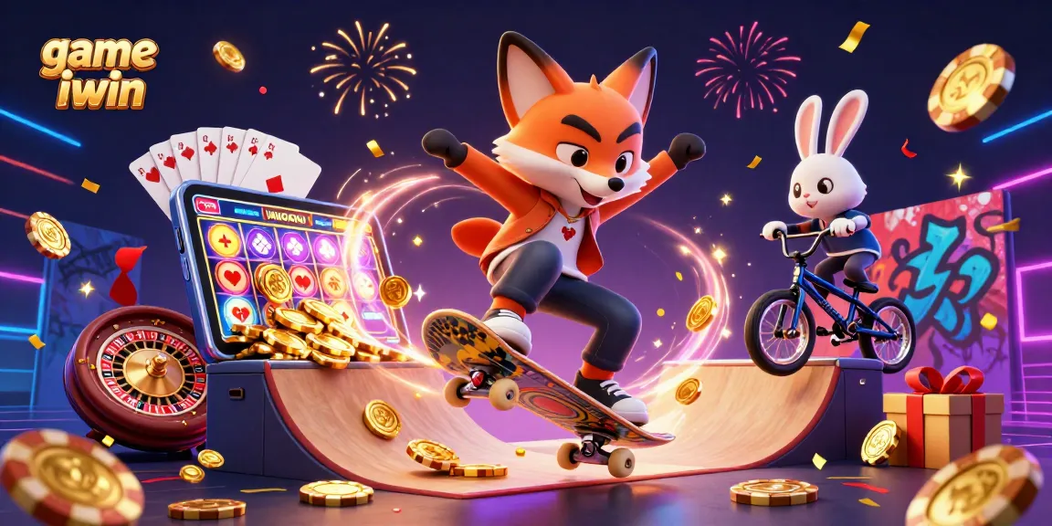 Engage in fun games with game iwin featuring animated fox and rabbit characters in a casino-themed scene.