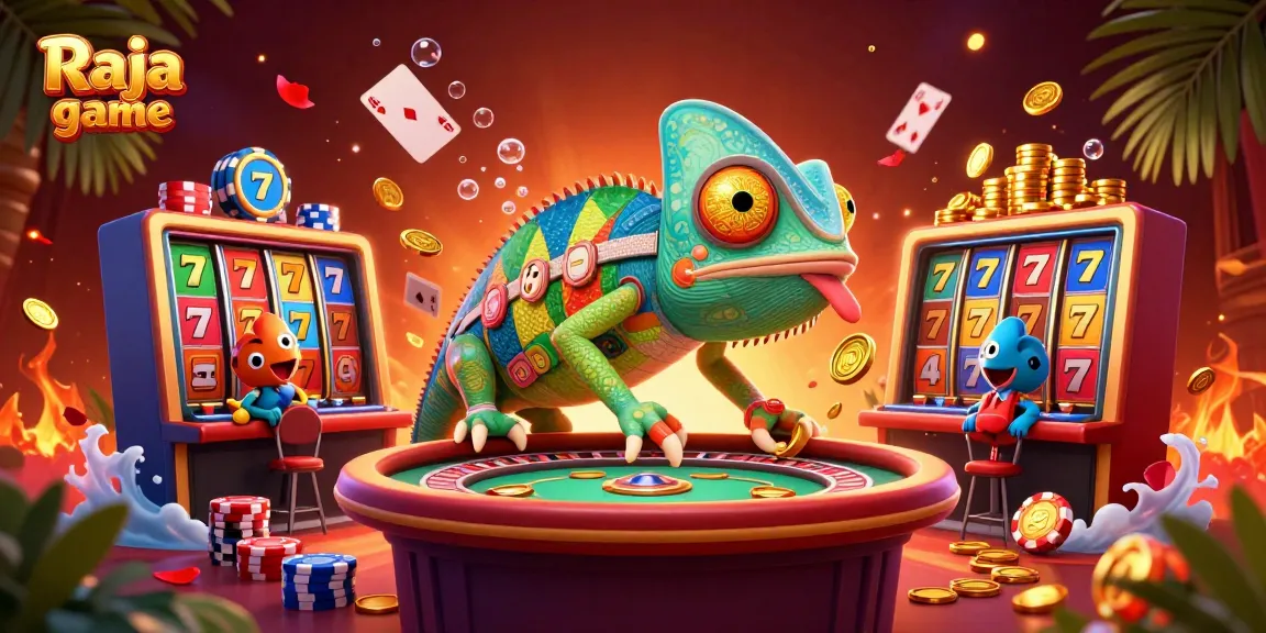 Engage with thrilling gambling action on Raja game, where a colorful chameleon casino owner awaits amidst vibrant slot reels and dynamic elements.