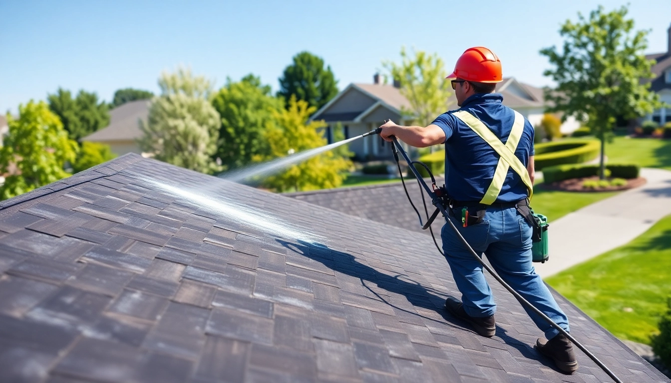 Roof Cleaning technician applying eco-friendly solutions on a residential rooftop