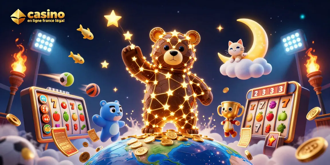 Illustration d'un ours constellation et éléments de casino, représentant le casino en ligne légal en France.