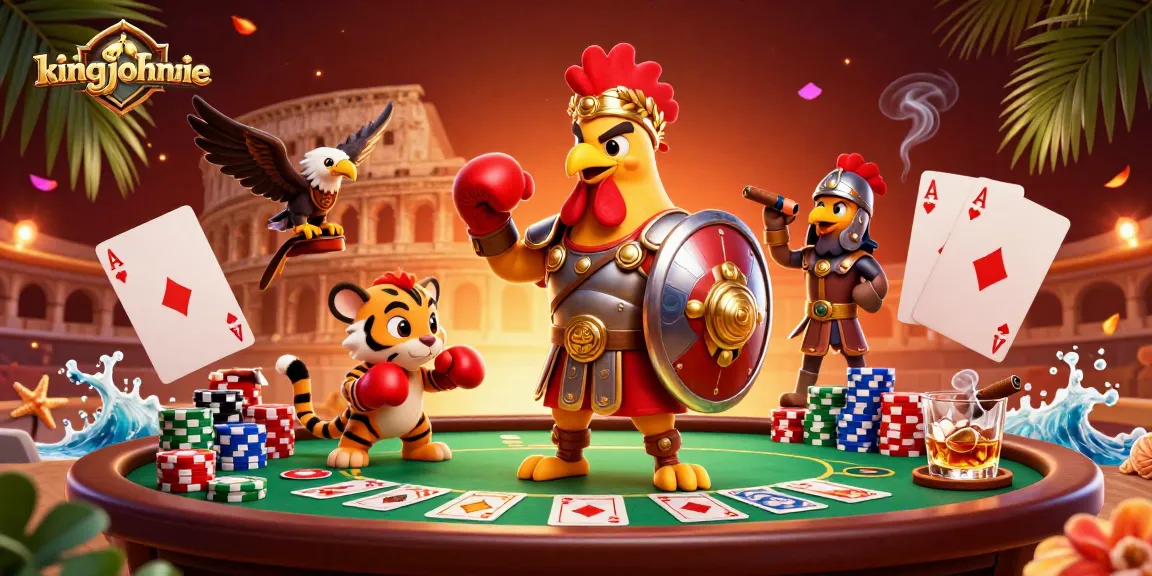 Experience thrilling poker moments with kingjohnnie's lively 3D illustration showcasing a gladiator rooster.