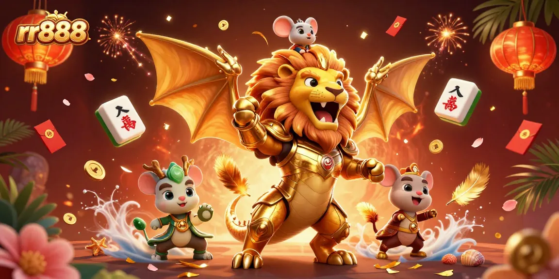 Experience thrilling gameplay at rr888 with a chimera creature and vibrant casino elements surrounding it.