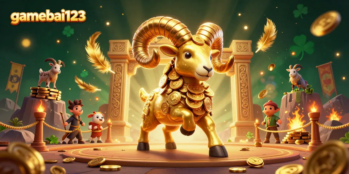 Engage in thrilling gameplay with gamebai123, featuring a golden ram charging at a casino gate amidst a festive atmosphere.