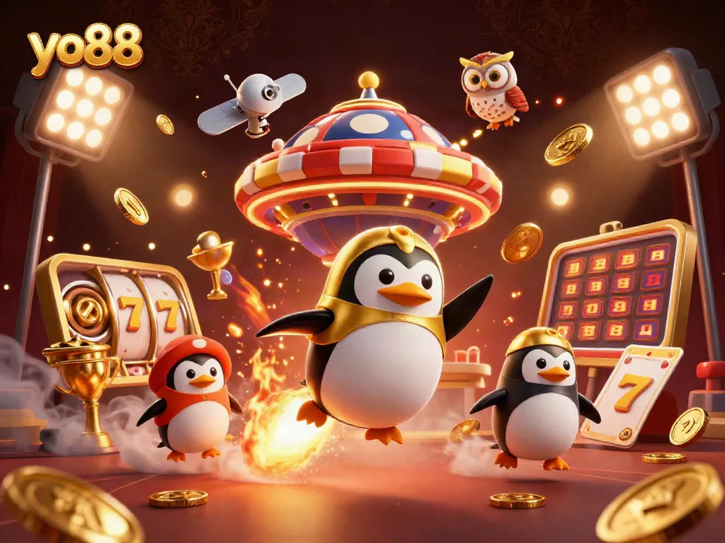Experience the adventures of yo88 with a golden penguin blasting through a vibrant casino universe filled with riches.