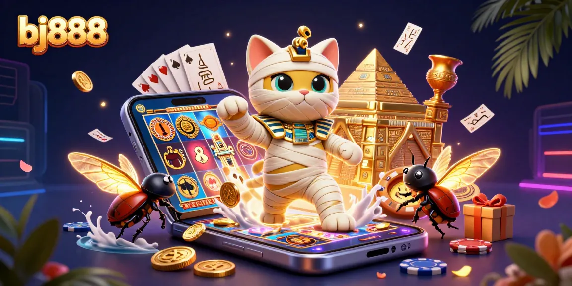 Engage with exciting games like bj888 featuring a cartoon mummy cat and glowing scarab in a vibrant casino scene.