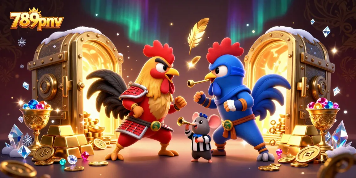 Engage in exciting gameplay with 789pnv featuring dynamic roosters in action amidst treasures.