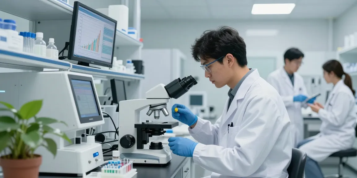 Researcher at Deus Medical analyzing peptide therapies in a modern lab setting.