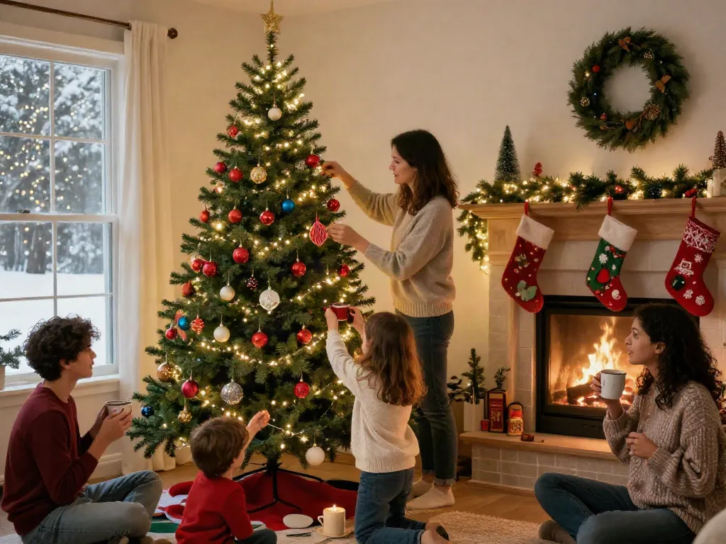 Pencil Christmas tree decorated with colorful ornaments in a cozy living room.
