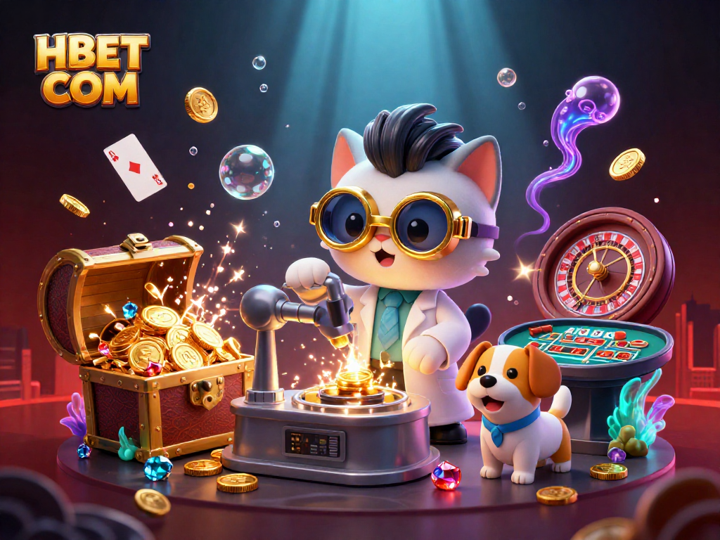 Experience thrilling casino action with HBET COM amidst dynamic gambling elements in a vibrant 3D scene.