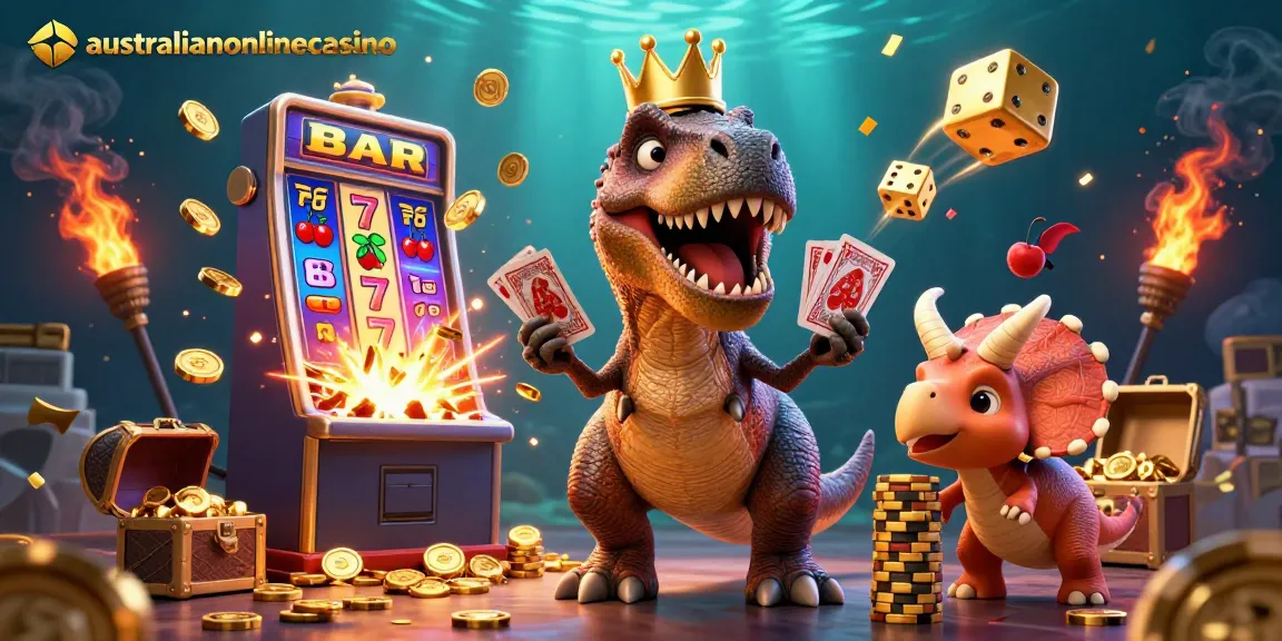 Interactive scene of playful characters at australianonlinecasino, showcasing vibrant casino elements and winning excitement.
