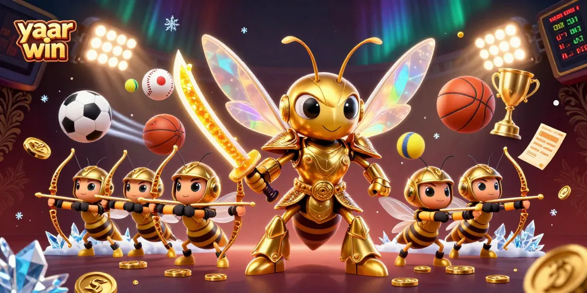 Engage with yaar win sports betting action featuring a golden hornet warrior and dynamic sports elements.