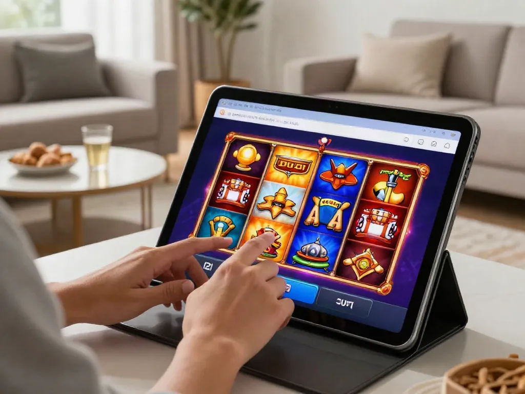 Engaging สล็อตเว็บตรง gaming experience on a tablet in a cozy living room.