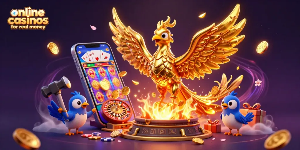 Experience online casinos for real money with a golden phoenix surrounded by gaming elements