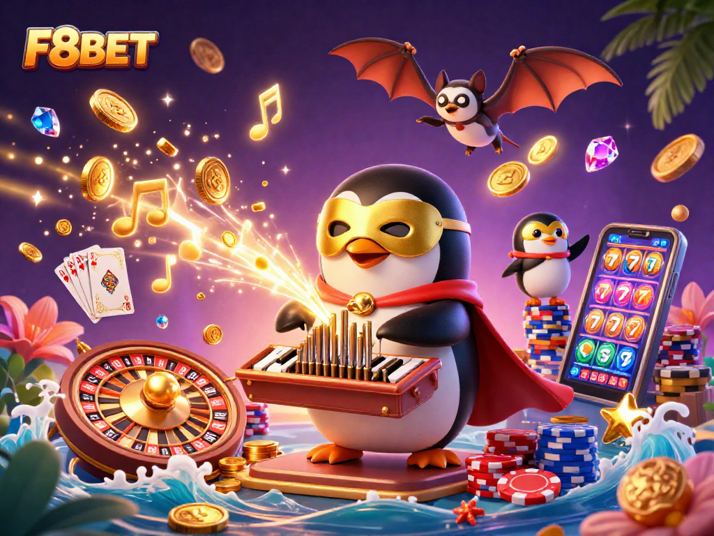 Experience F8BET's thrilling gaming atmosphere with golden coins erupting in a vibrant casino scene.