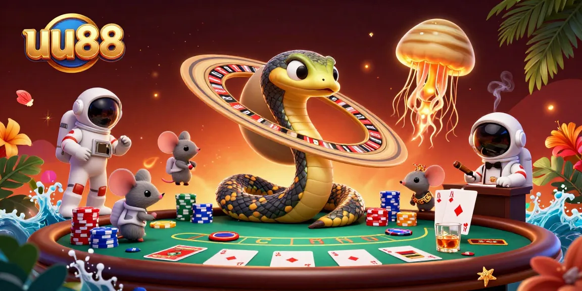 Experience uu88's cosmic casino with astronaut mice wagering on a roulette wheel of Saturn's rings.