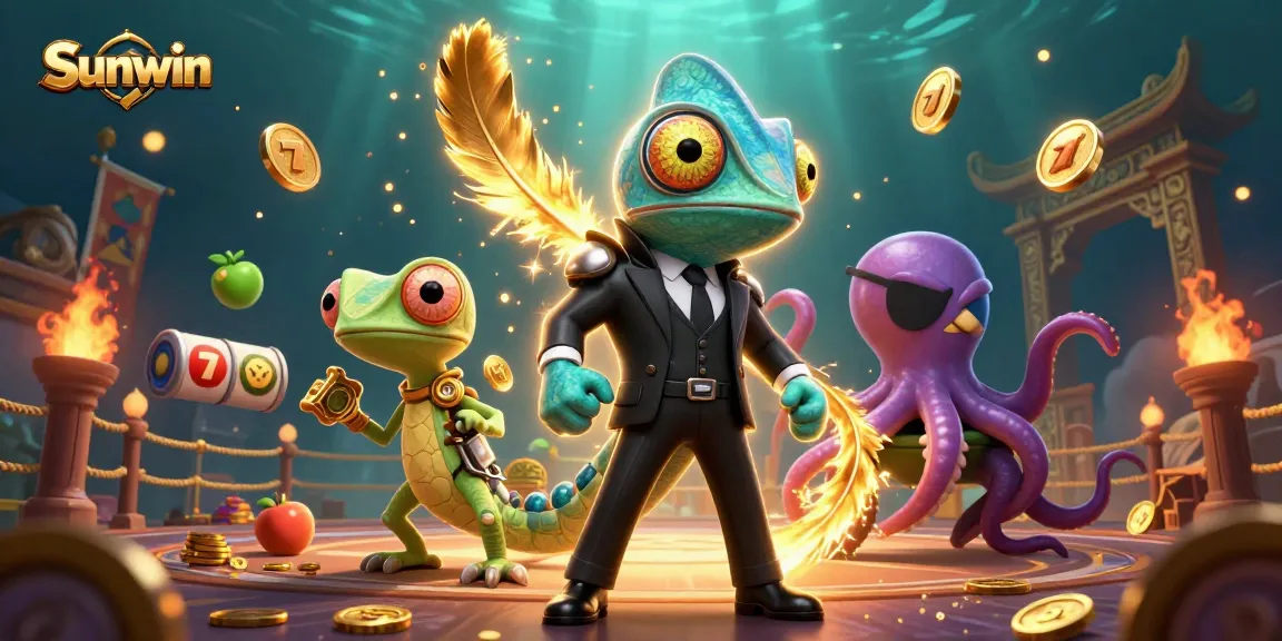 Engage with Sunwin's thrilling gaming experience in a vibrant 3D illustration featuring exciting casino elements.